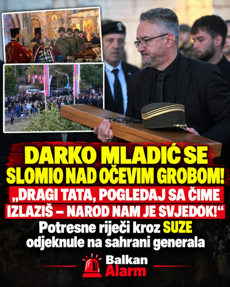 DARKO MLADIĆ SE SLOMIO NAD OČEVIM GROBOM! „DRAGI TATA, POGLEDAJ SA ČIME IZLAZIŠ – NAROD NAM JE SVJEDOK!“ Potresne riječi kroz SUZE odjeknule na sahrani generala